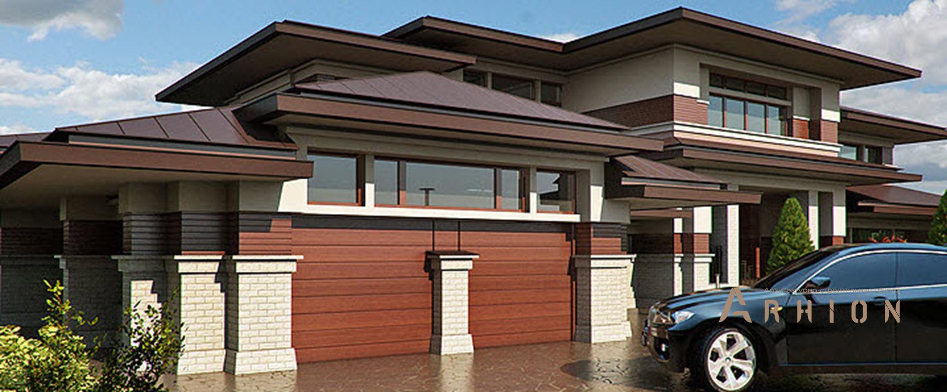 3. Проект двухэтажного дома в стиле Ллойда Райта (прерий) с многоскатной кровлей, SOV-10, площадью - 635 кв c терассой, гаражом, вторым светом